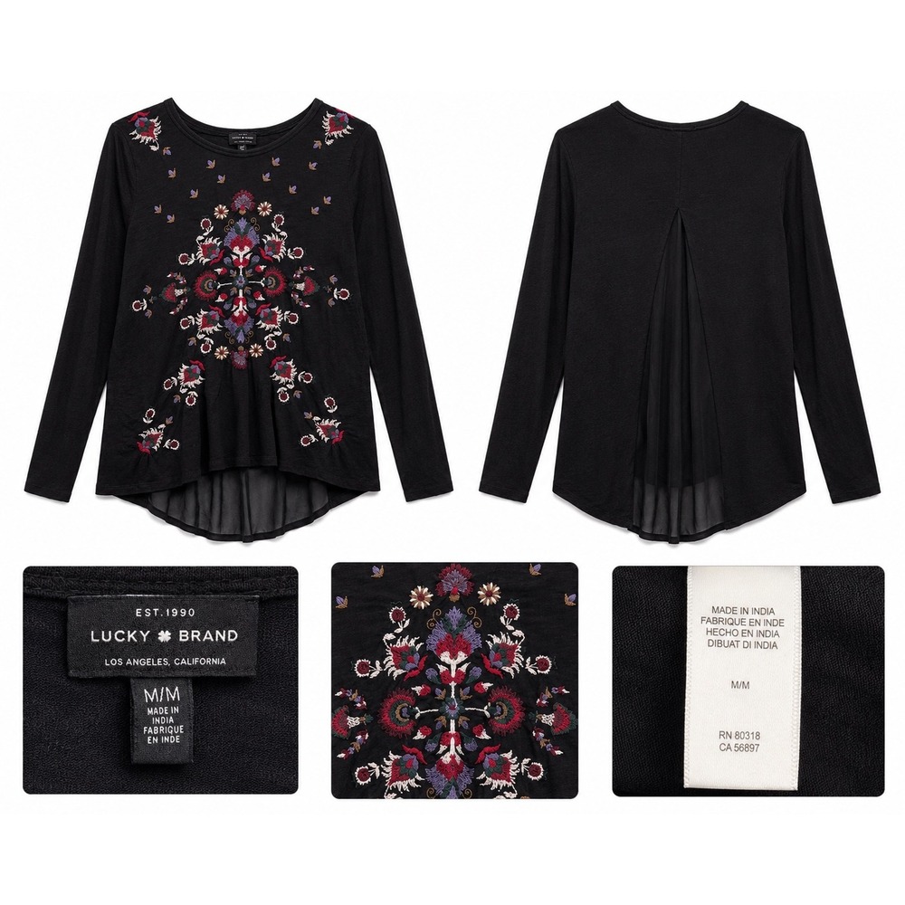 Lucky Brand Embroidered Top Womens Size M Floral Sheer Back Black Long Sleeve
